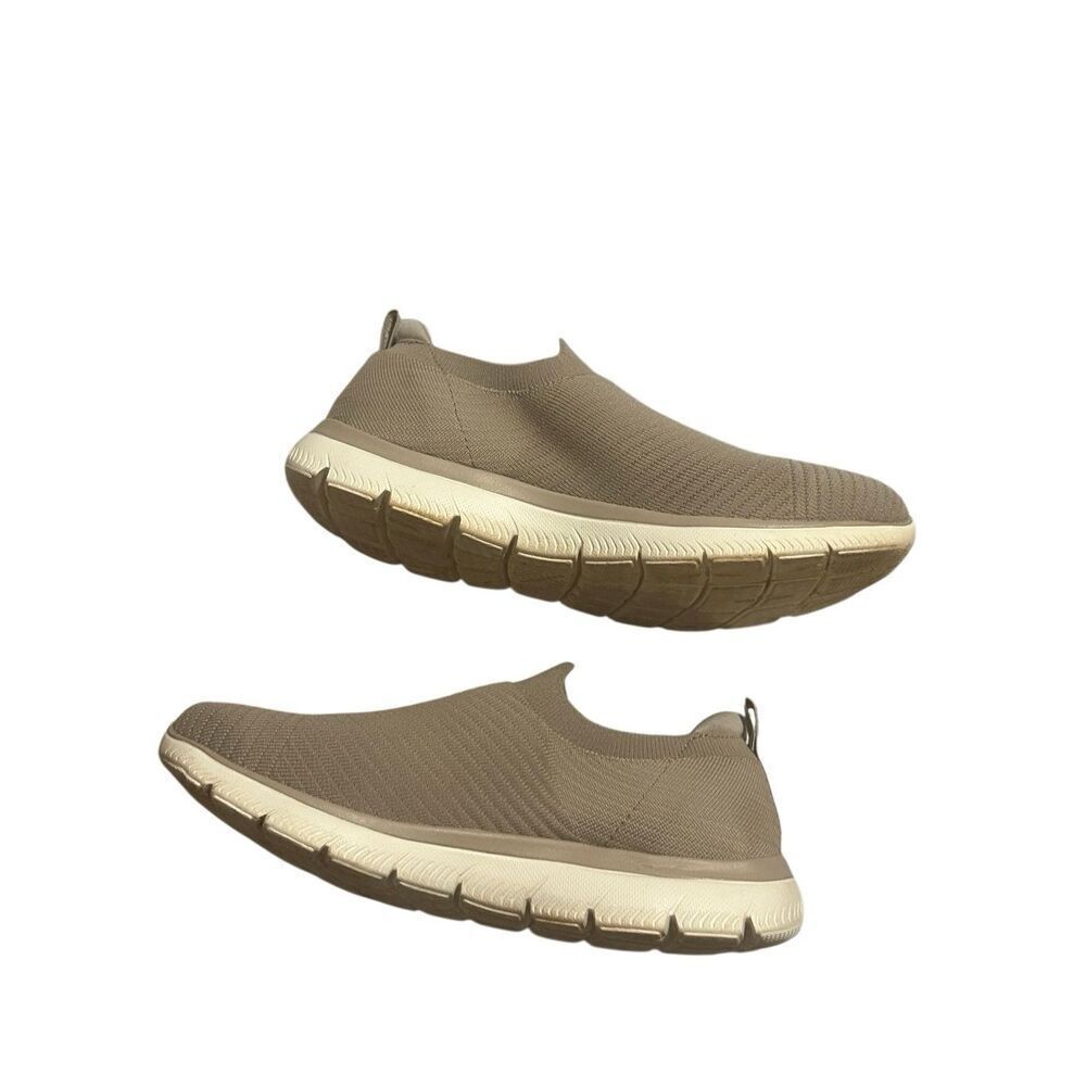Skechers tan knit slip ons memory foam wide fit sz 8.5